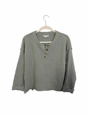 Sincerely Jules Waffle Knit Sweater Small Sage Green Henley Button Casual